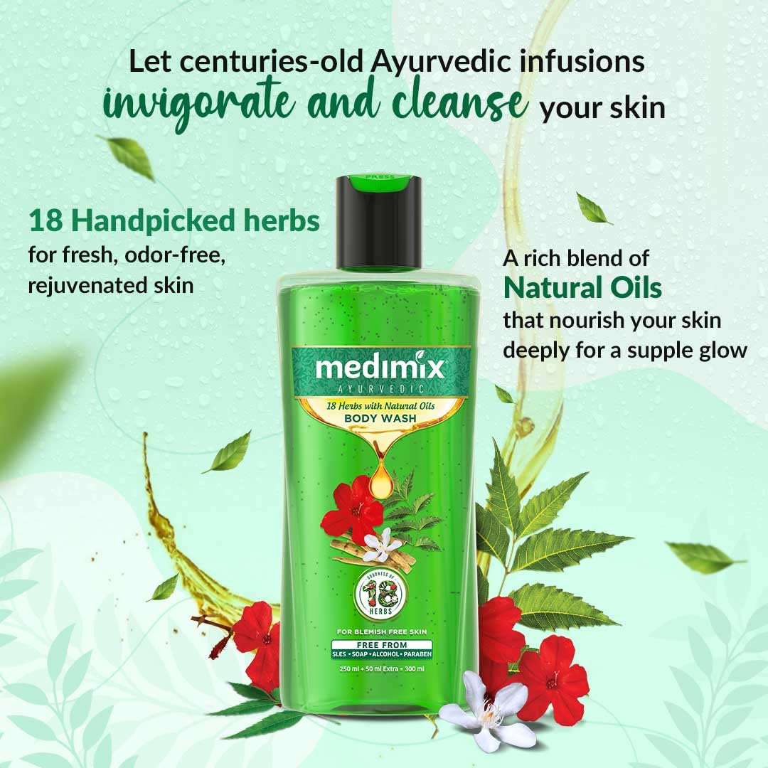 Medimix Ayurvedic Bodywash 18 Herbs & Natural Oils For Healthy & Refreshed Skin | Shower Gel For soft, nourished & glowing skin | Herbal | Paraben-free & Sulphate-free 250ml+50ml Extra