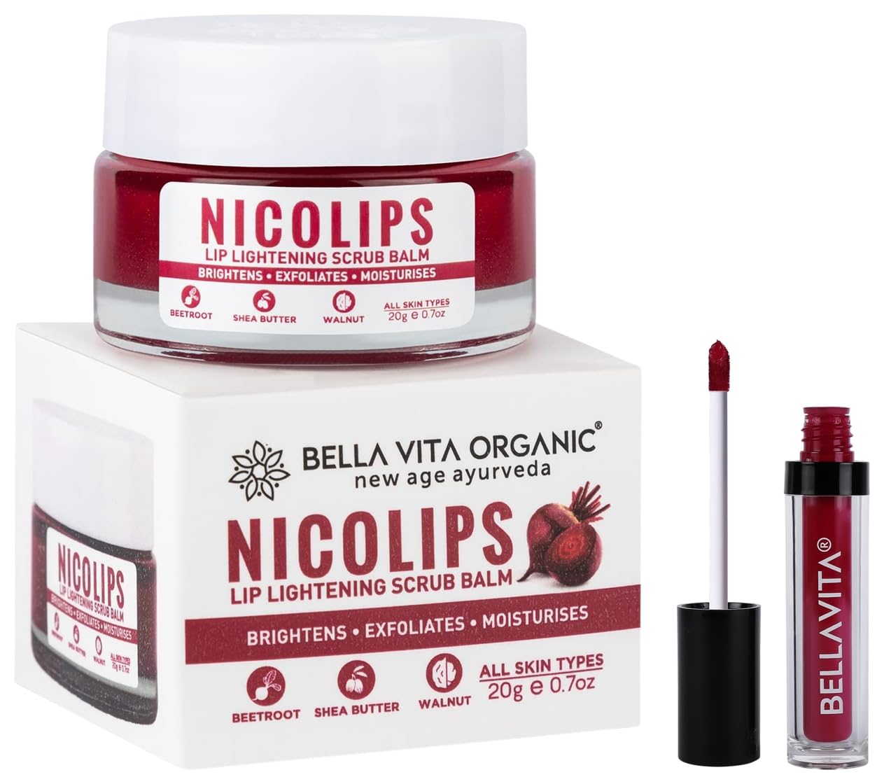 Bella Vita Organic Kiss-Proof 4.5 ml 18-hr Stay Waterproof Intense Moisturisation Pink Pout NicoLips Lip Scrub Balm Brightening Dark Lips for Dry Lips/Smoker/Chapped Lip