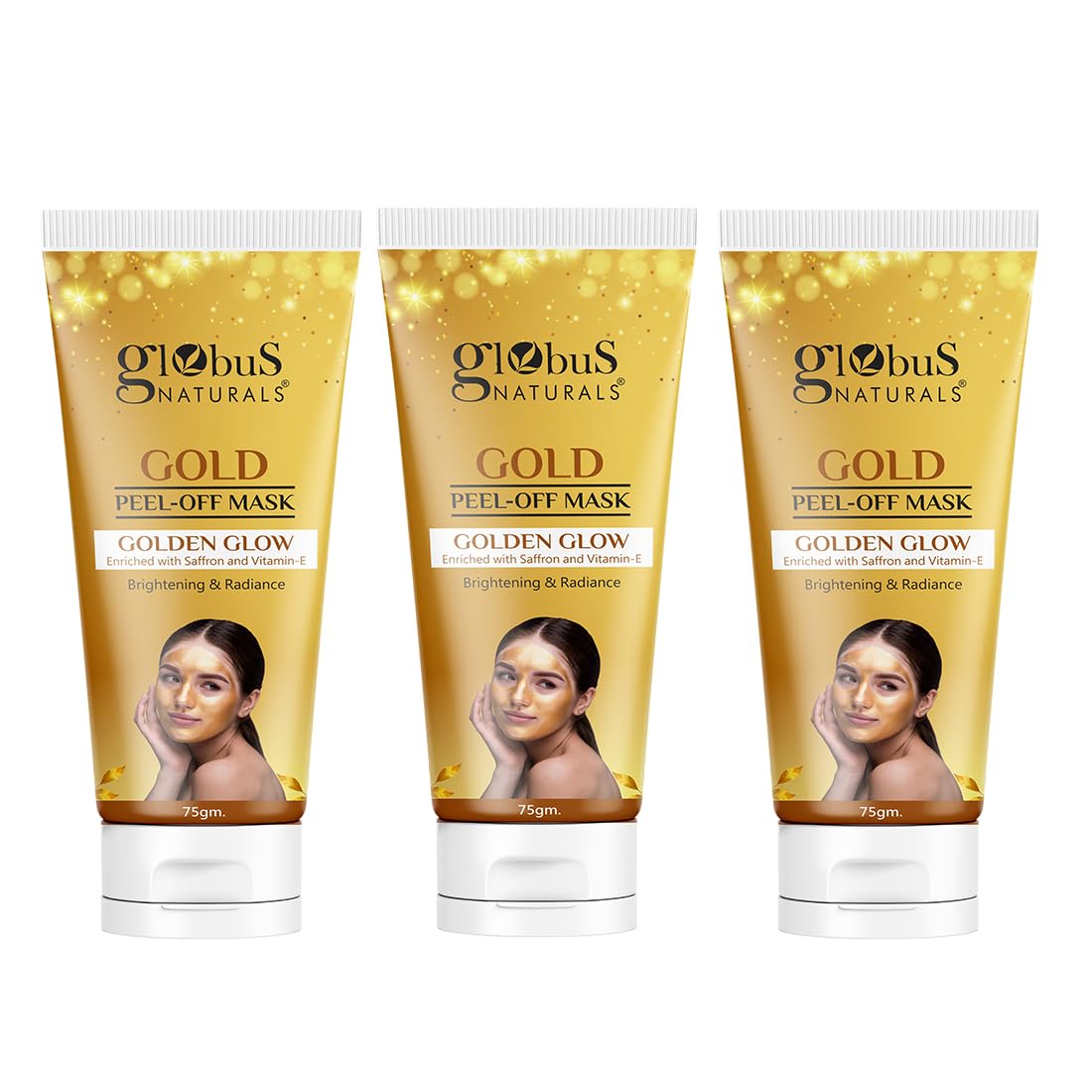 Globus Naturals Gold Peel Off Mask For Golden Glow, Enriched with Saffron & Vitamin-E, Brightening & Radiance, Suitable For All Skin Types, 75 g (Pack of 3)