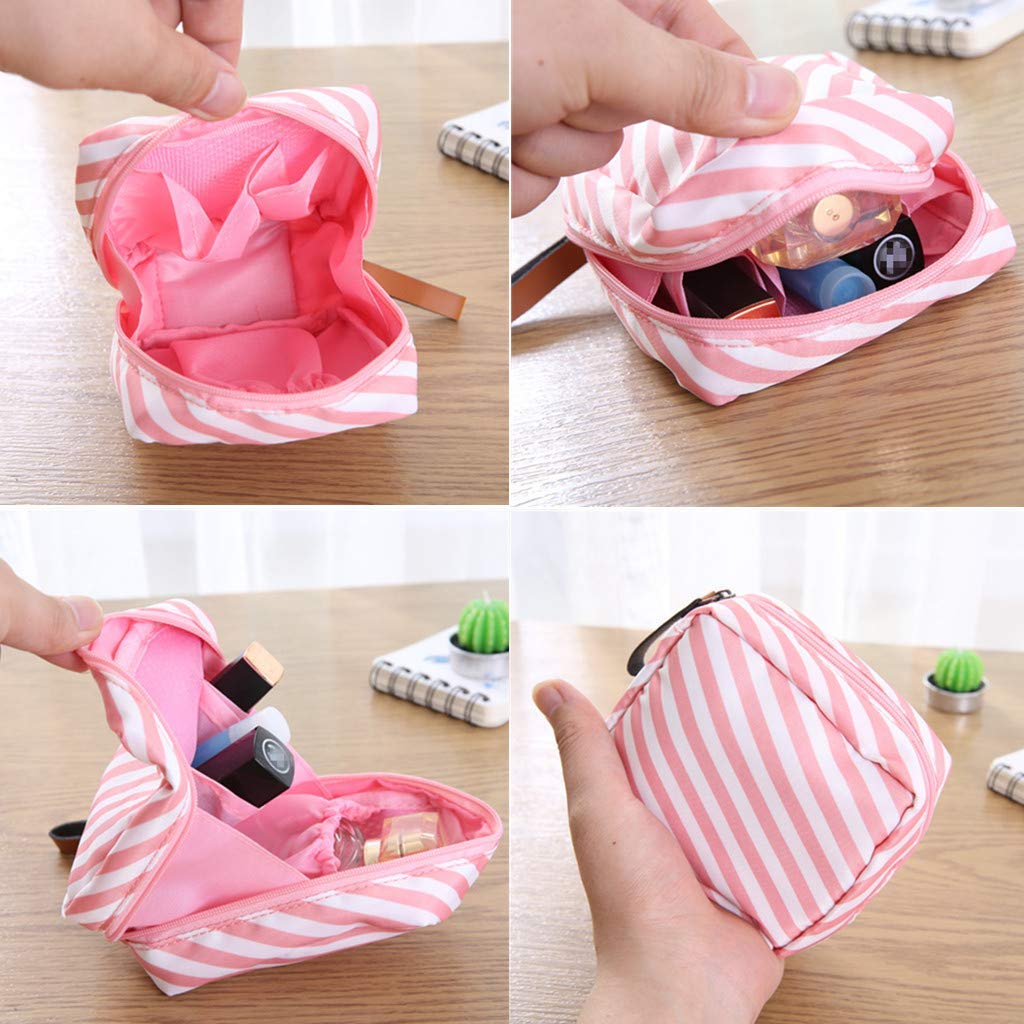 House of Quirk Polyester Makeup Bag Lazy Cosmetic Bag Travel Toiletry Bag Cosmetic Make Up Organizer Waterproof Travel Accessories For Women And Girls (Pink Stripes),W-5 Cm, Small