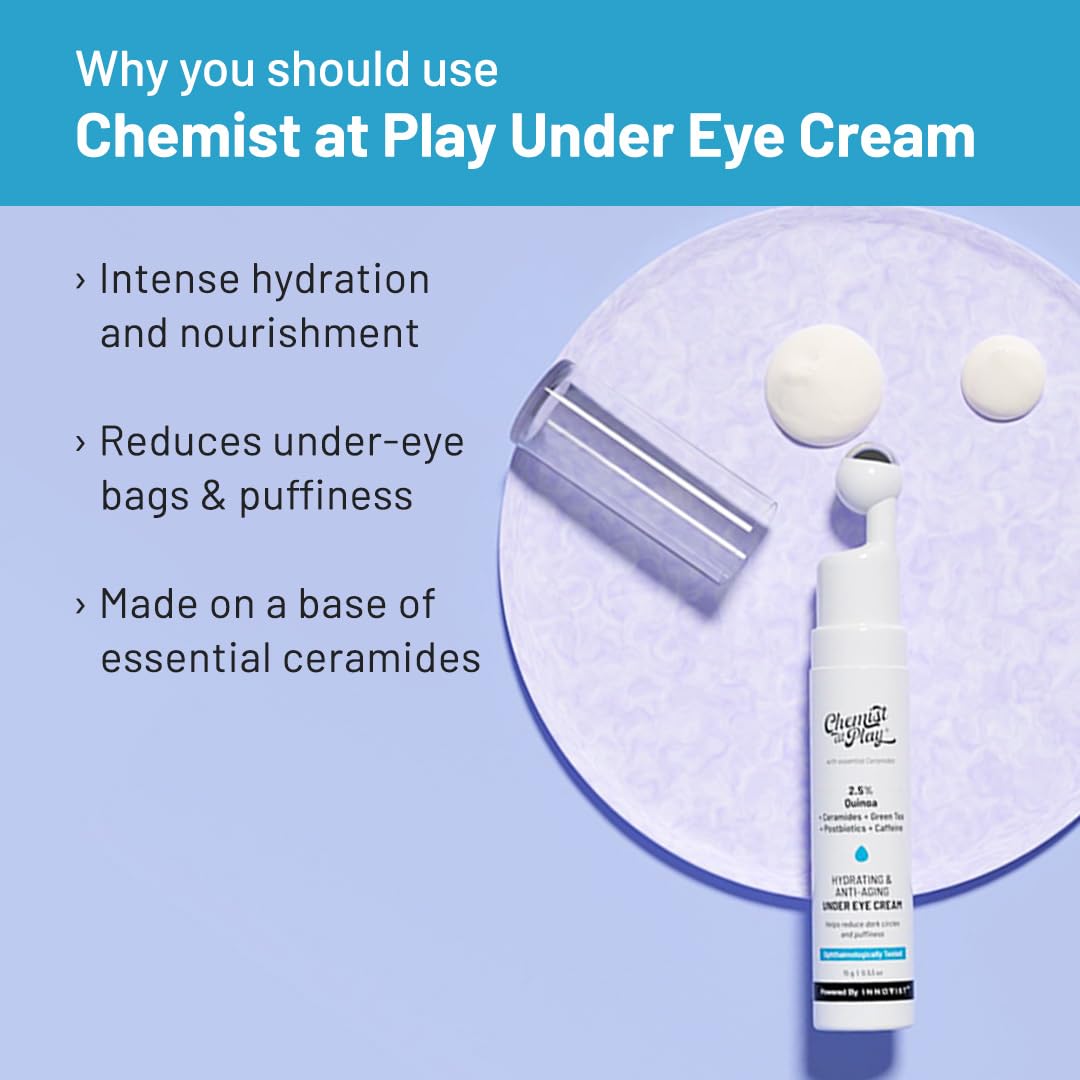 Chemist At Play Under Eye Cream with 2% Revital Eye & Quinoa Extract | For Reducing Dark Circles, Puffiness, Wrinkles, Crows Feet | Lightweight, Hydrating | Plant-Based Ceramides | 100% Vegan | Cooling Gel & Roller for Men & Women | 15 g