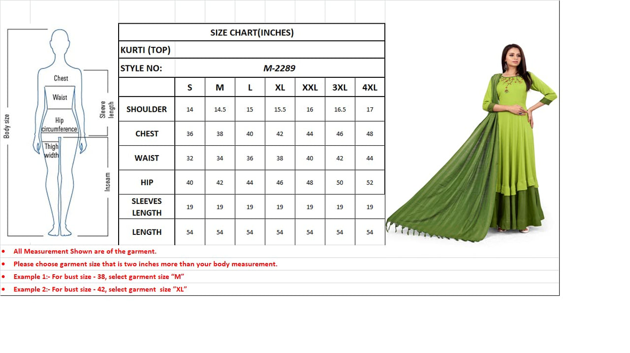 madhuram Women and Girls Rayon Hand Work and Anarkali Kurti Set with 3/4 Sleeve Jacquard Green Dupatta with Round Neck Kurta Set
