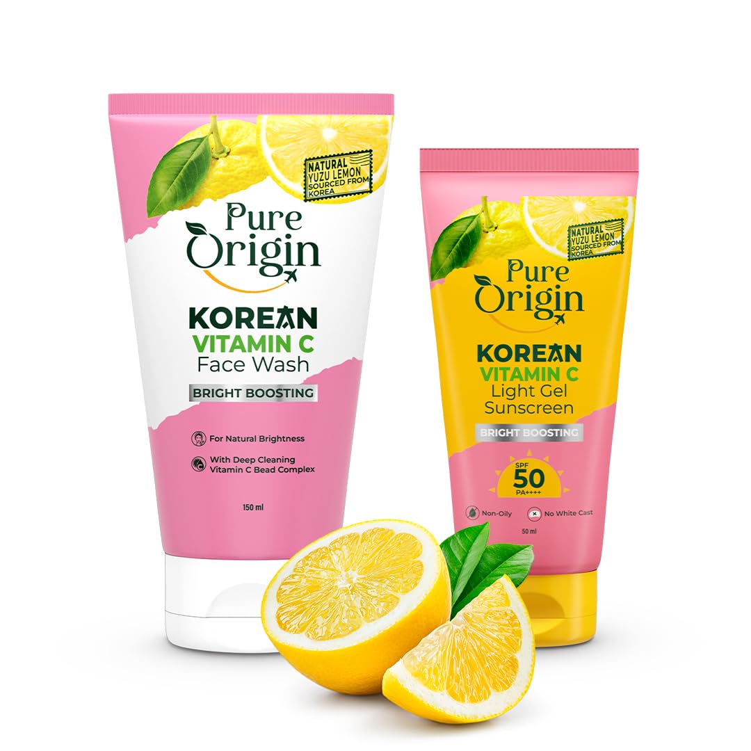 Pure Origin Korean Vitamin C Bright Boosting Light Gel Sunscreen SPF 50 PA++++ & Face Wash Combo | Face wash for deep cleansing for Brighter, Glowing and soft skin | Light Gel Sunscreen with No White Cast | Face serum for Brighter, Glowing and soft skin |