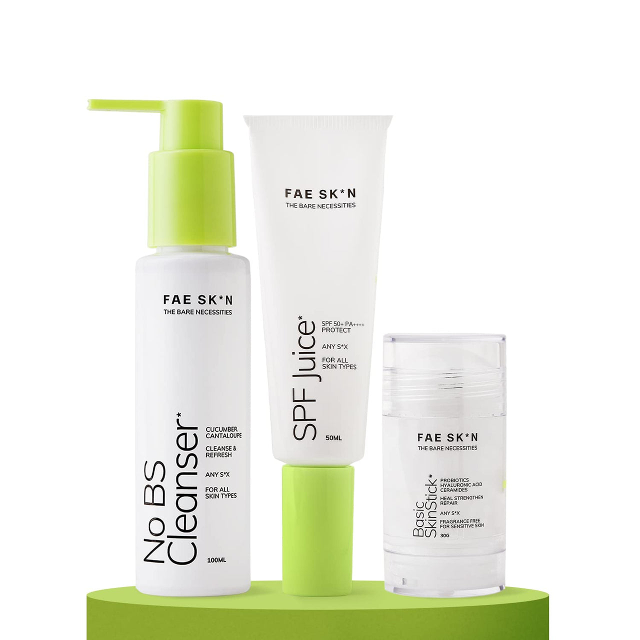 FAE Beauty Cleanse, Nourish & Protect Combo | Gentle Face Cleanser, Probiotic Serum Stick, No White Cast Sunscreen With SPF 50+ PA++++ | For All Skin Types | Skincare For Beginners | Vegan