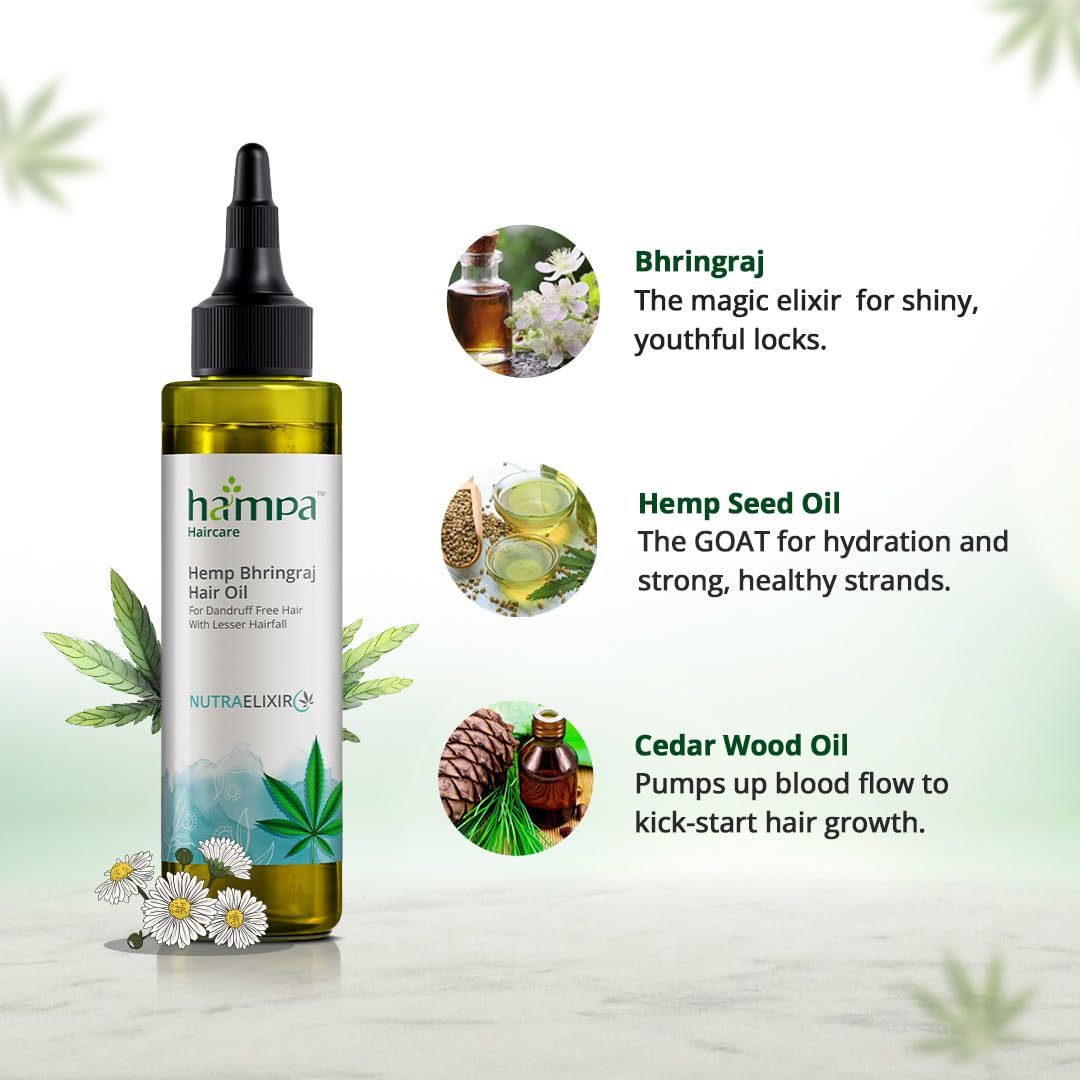 Hampa Hemp Bhringraj Hair Oil 100ml | Prevents Hairfall, Premature Greying, Dandruff | Promotes Hair Growth | Pure Himalayan Hemp, Bhringraj Oil, Essential Oils | Natural, No Toxins