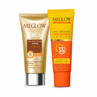 Meglow Skincare Combo Pack of 2 - Meglow Pro-Care Day Defense Sunscreen lotion with-SPF 30 PA+++ with Meglow BB+ Cream | Sun Protection & Everyday Makeup Look | For All Skin Types