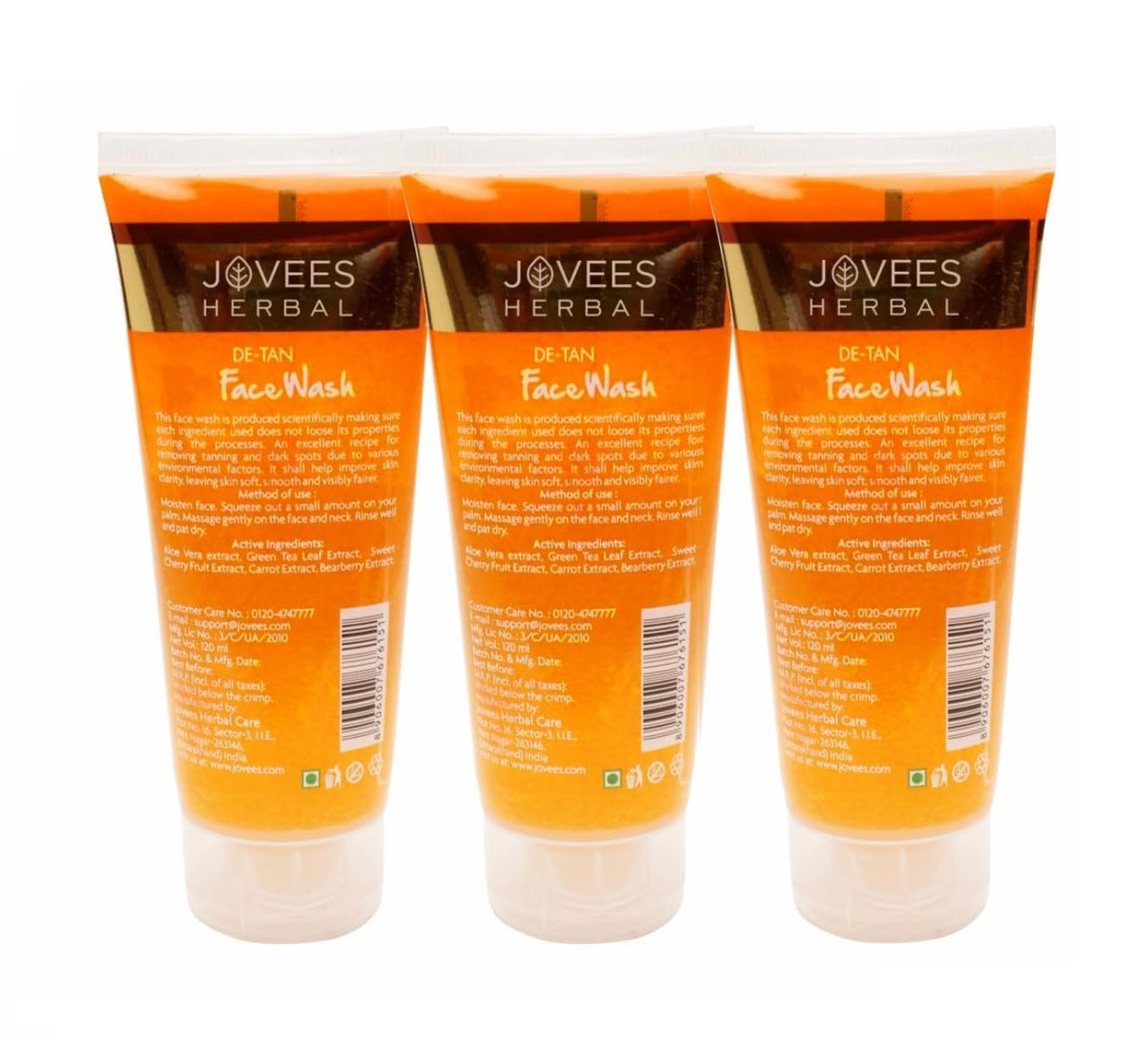 Jovees Herbal Detan Facewash For Glowing and Clear Skin With Liquorice & bearberry Ext. | Gentle Cleanser For Brighten, Even Tone and Hydrates Skin | Suitable for All Skin Types - 120ml (Pack of 3)