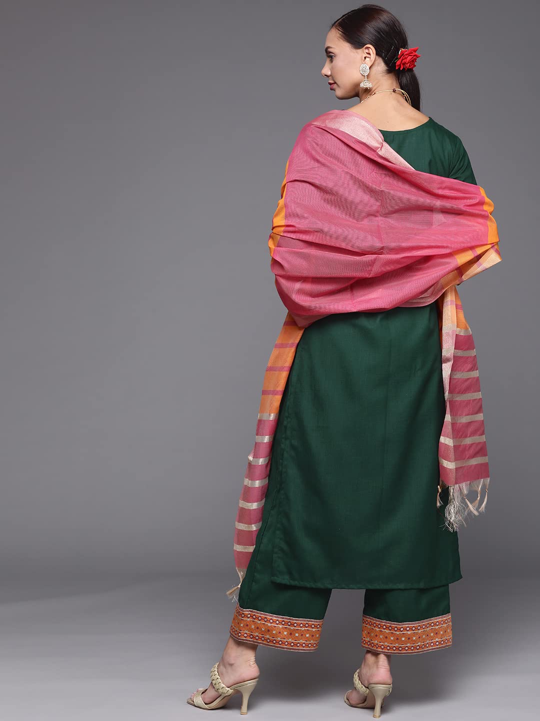 INDO ERA Women's  Solid Cotton Blend Straight Kurta Palazzo With Dupatta Set