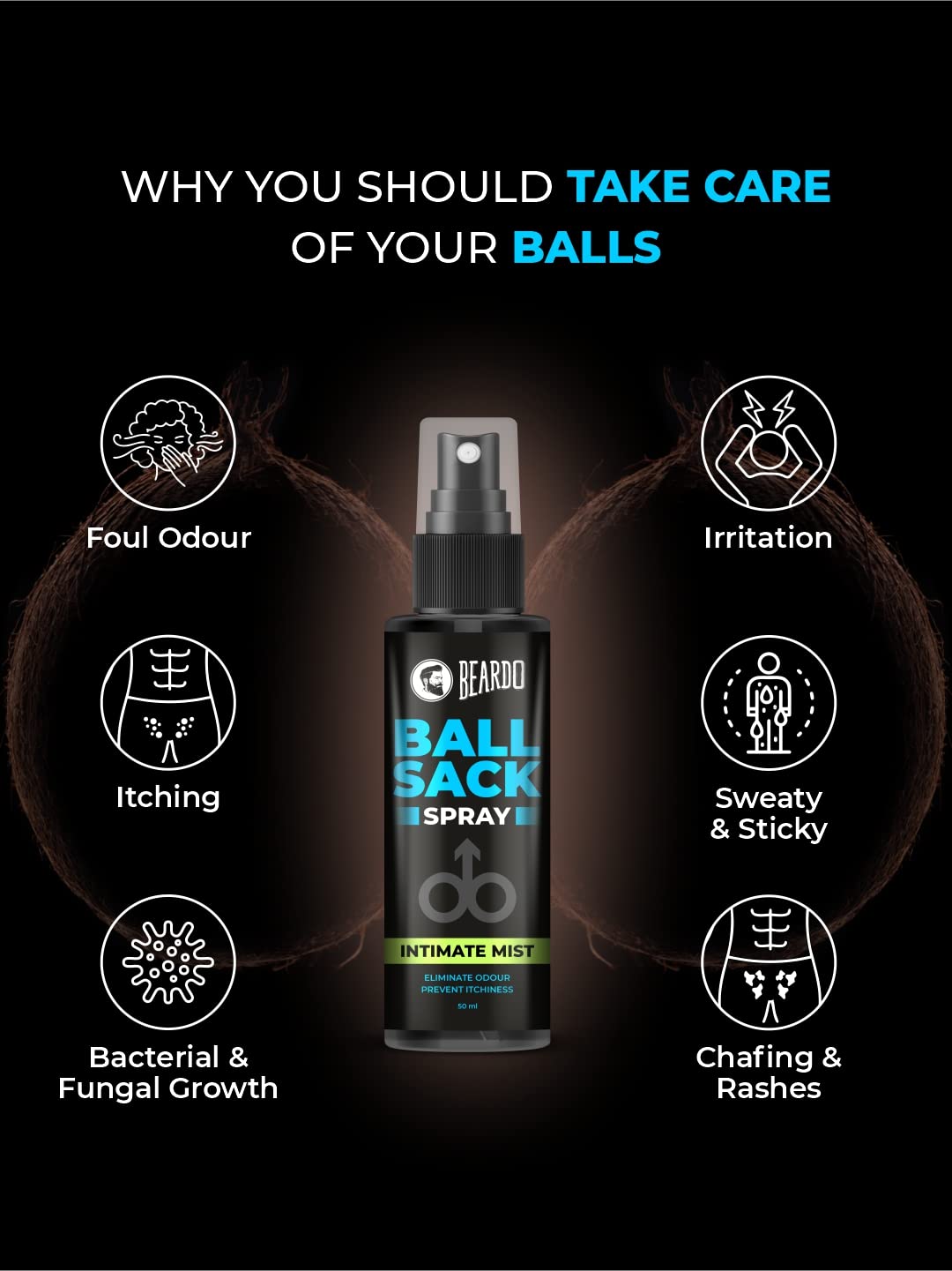 Beardo Ball Sack Spray For Men, 50ml | Intimate Care Spray for Fresh, Clean and Dry Balls | Intimate Hygiene Body Spray for Men; Prevents Odor, itch | Strictly for men Gift for men