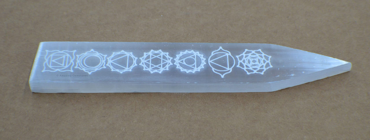 Selenite Crystal Charging Plate For Crystals And Healing Stones, 7.5" Selenite Crystal Plate Engraved Chakra Coaster For Home Office Table Decor (Selenite Pointed Stick) Rectangle Chakra - Pointed