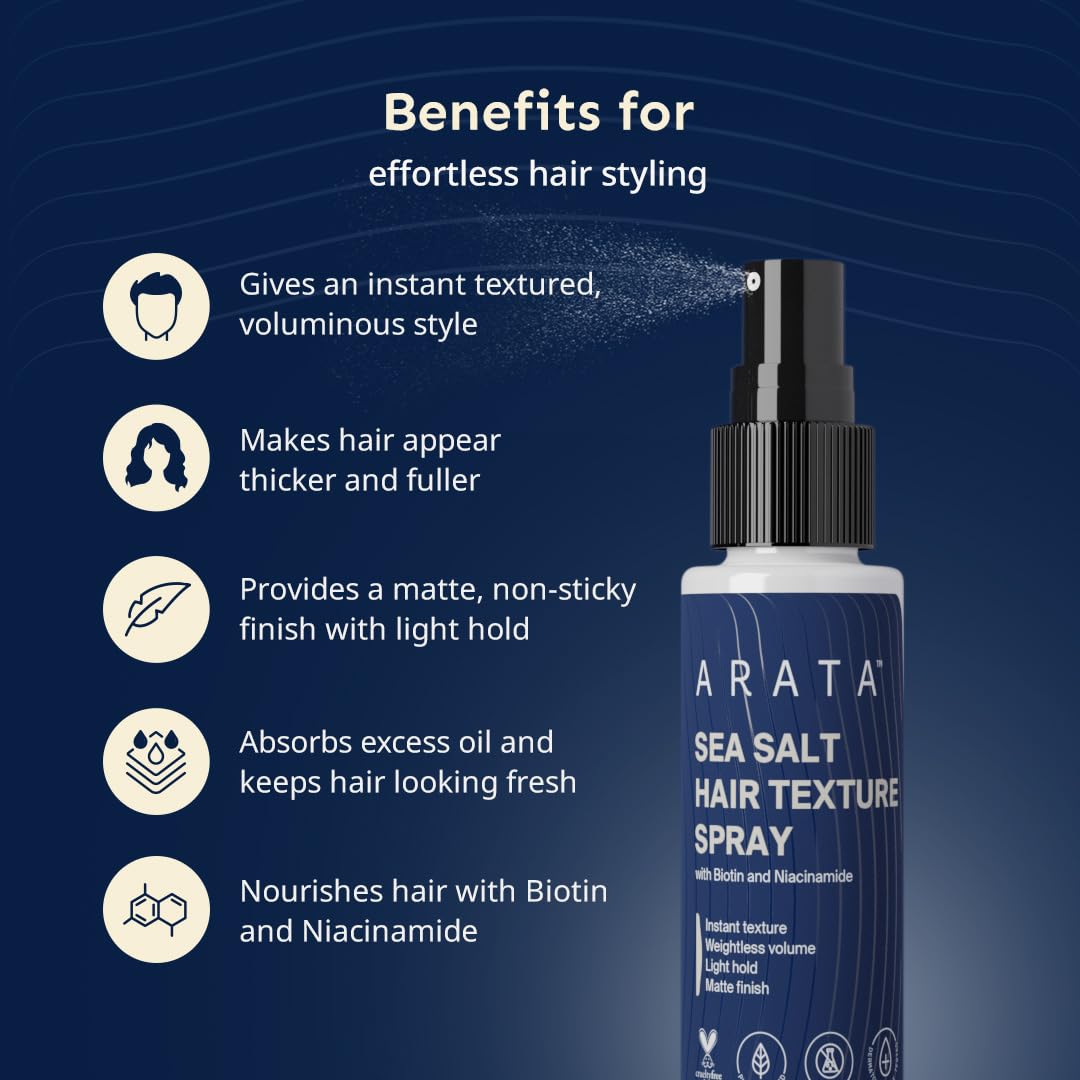 Arata Sea Salt Hair Texture Spray - 50ml | With Niacinamide & Biotin | For Instant Volume, Texture & Beachy Waves | Matte Finish | No-Alcohol Formula For Men & Women | Made For All Indian Hair Types