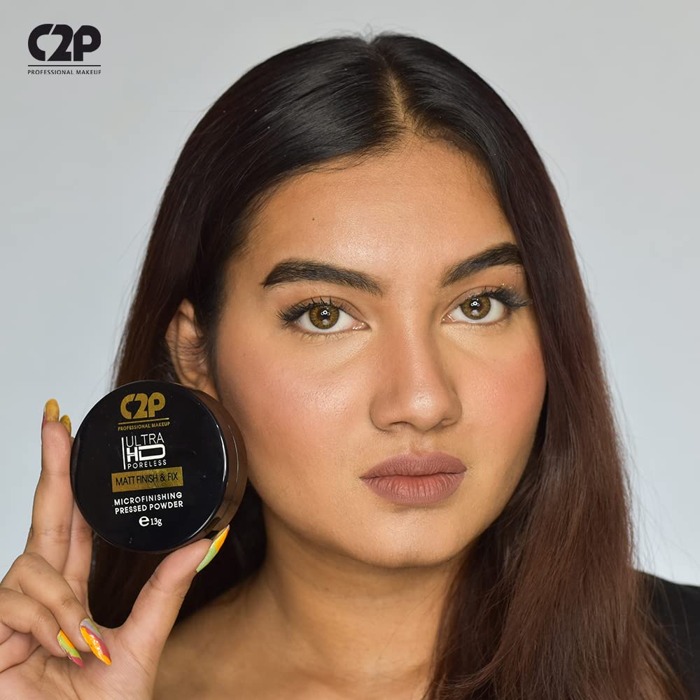C2P Pro Ultra HD Microfinishing Pressed Powder for Face Makeup 13g | Translucent Matte Powder for All Skin Tones | Sets Makeup Controls Oil & Blurs Pores | Lightweight & Non-Drying Formula