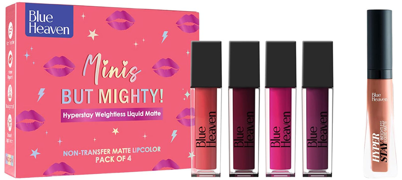 Blue Heaven Minis But Mighty Hyperstay Weightless Liquid Matte Lipsticks For Women- Majestic Diva Bright Shade Kit- Pack of 4 & Blue Heaven Hyperstay Weightless Liquid Matte