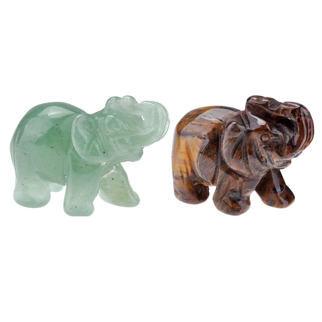 JOVIVI 2pc Natural Carved Healing Gemstones Crystal Elephant Figurine Statues 1.5'' Home Room Decor Desk Decoration Christmas Ornametns, with Gift Box Green + Brown