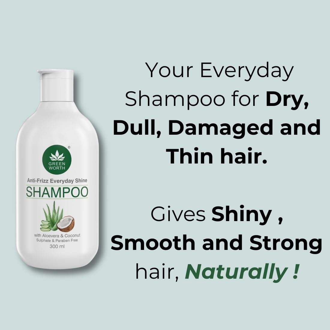 GREEN WORTH GREENWORTH Everyday Shine Anti-Frizz Shampoo For Dry Damaged Thin Hair | Sulphate Free And Paraben Free | With Aloevera & Coconut | For Unisex | Lavender & Vanilla Essential Oil | 300 Ml