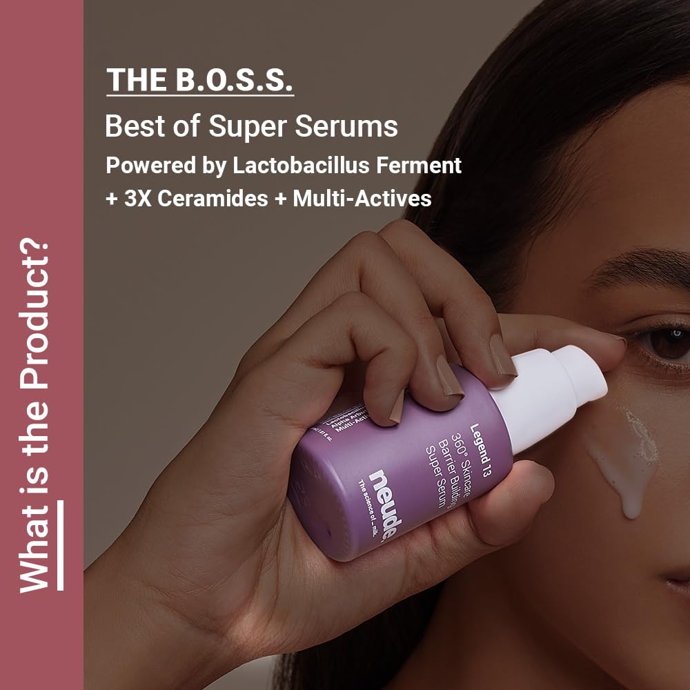 Neude Legend 13 Super Face Serum 30ml with 3x Ceramides, Lactobacillus Ferment, Alpha Arbutin, Rice Water, 13 Multiactives for Barrier Building Re-texturing & Hydration, pH 5.5, for All Skin Types