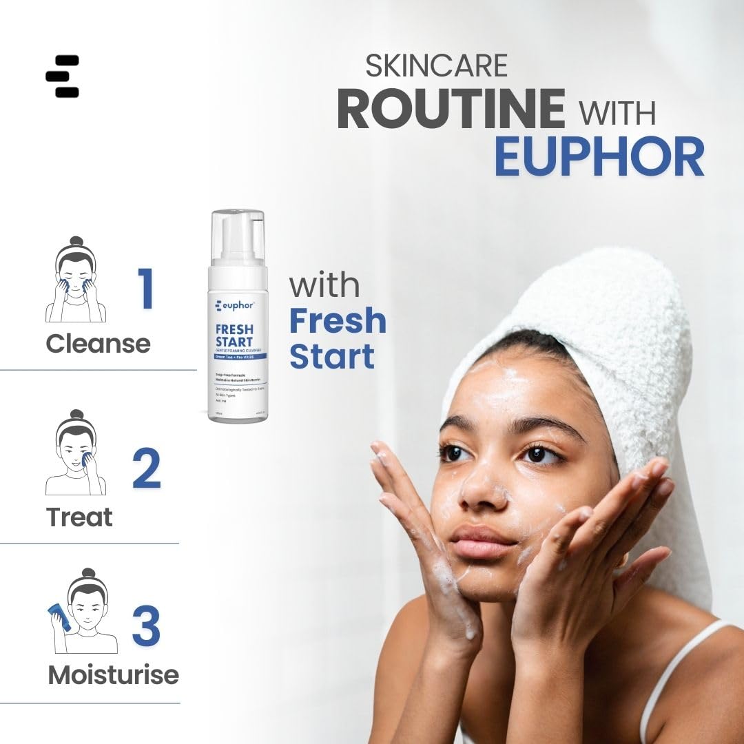 euphor Teens | Gentle Foaming Face Wash | for Age 12+ | All Skin Types- Dry, Oily and Combination | Green Tea, Aloe Vera, vitamin B3 | Gentle, Soap-free, Sulphate-free | FRESH START Euphoria | 120ml (1) | For Women and Men