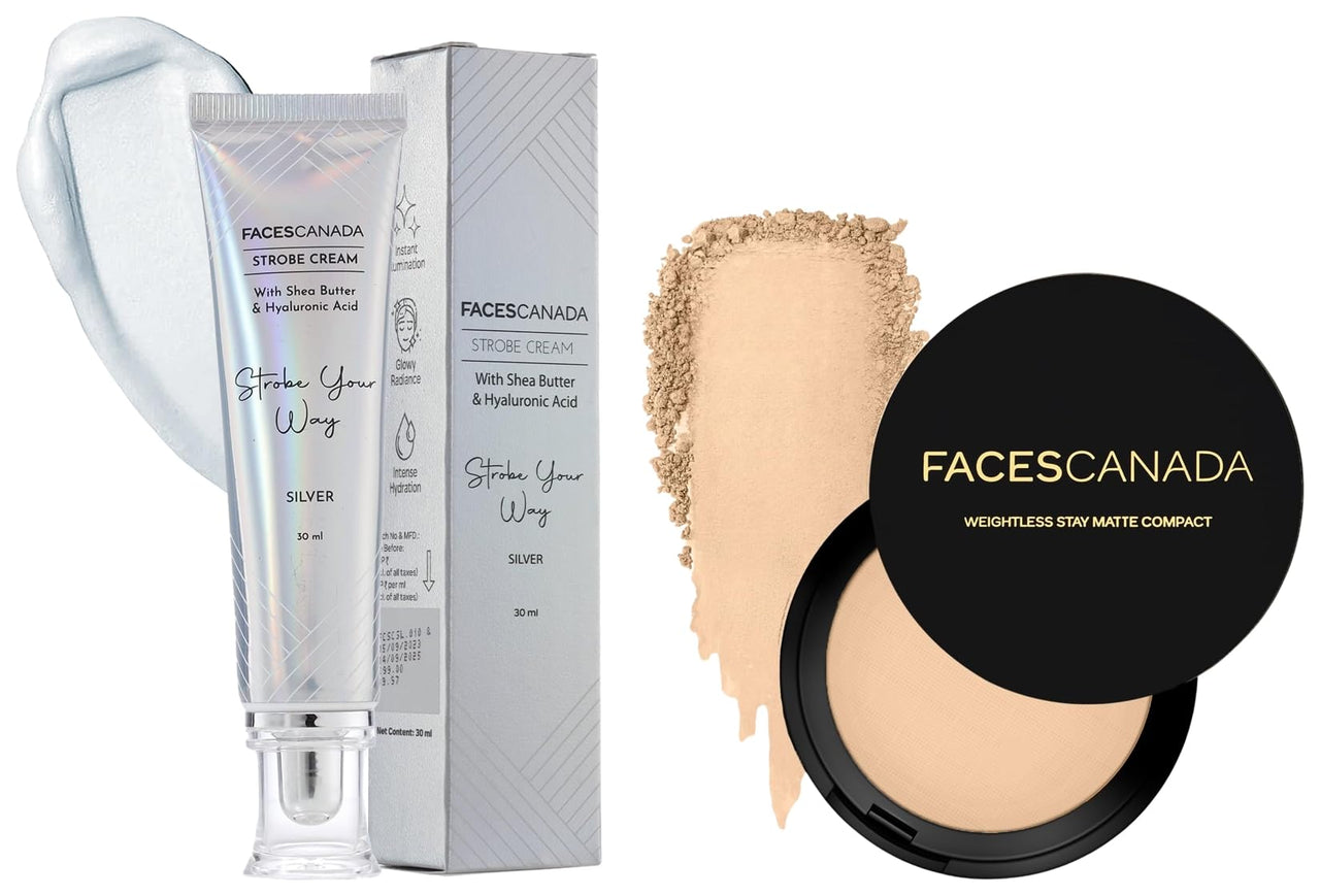 FACESCANADA Strobe Cream - Silver 30Ml And Faces Canada Weightless Stay Matte Finish Compact Powder For All Skin Type- Natural 9 Gm