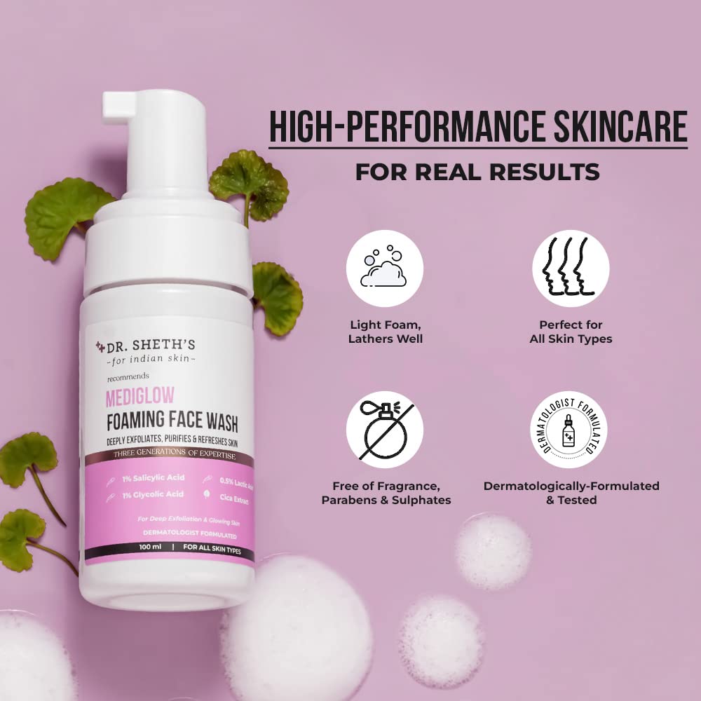 Dr. Sheth's Mediglow AHA-BHA Foaming Face Wash For Glowing Skin | Deeply Cleanses, Exfoliates & Unclogs Pores | With 1% Salicylic Acid, 0.5% Lactic Acid | For All Skin Types | For Women & Men | 100 mL