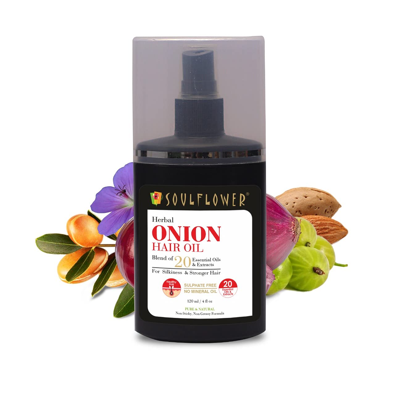Soulflower Amla & Onion Hair Oil for Hair Growth & Hair Fall Control | 100% Pure & Natural with Castor, Peppermint, Argan Oil | Promotes Healthy Scalp & Stronger Hair for Men & Women | No Mineral Oil, 120ml