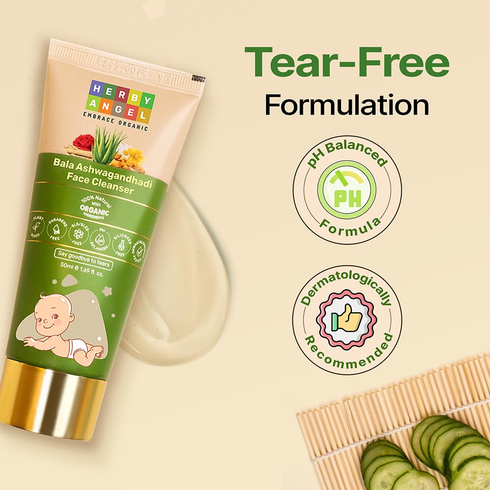 Herby Angel Face Cleanser for Babies & Kids | Dermatologically Tested, Organic Face Wash | With Rose Water, Turmeric & Aloe Vera | All Skin Types | Baby Skincare | Safe for Newborns (50ml)