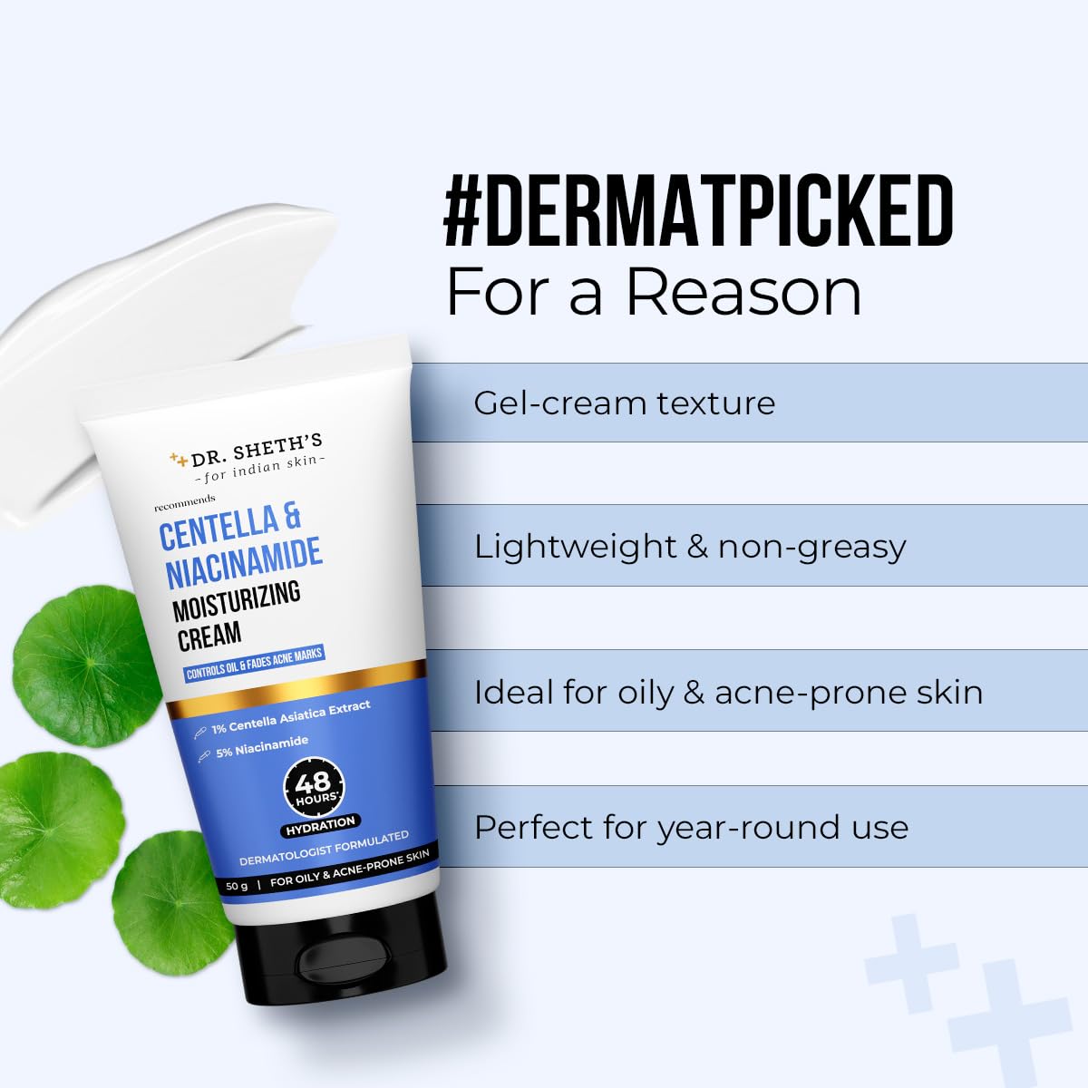 Dr. Sheth's Centella And Niacinamide Moisturizing Cream |For Oily & Acne Prone Skin | Fades Acne Marks & Controls Excess Oil | 48-Hour* Hydration| Lightweight, Fast Absorbing & Non-Sticky | 50G