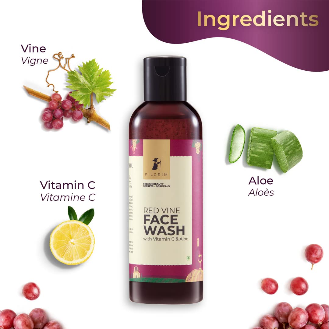 Pilgrim French Red Vine AM PM Face Care Kit, Red Vine Face Wash 100ml, Face Cream SPF 30 50gm, & Night Gel Creme 50gm, Anti-Ageing, De-Pigmentation, Skin Repair, All Skin Types, Men & Women