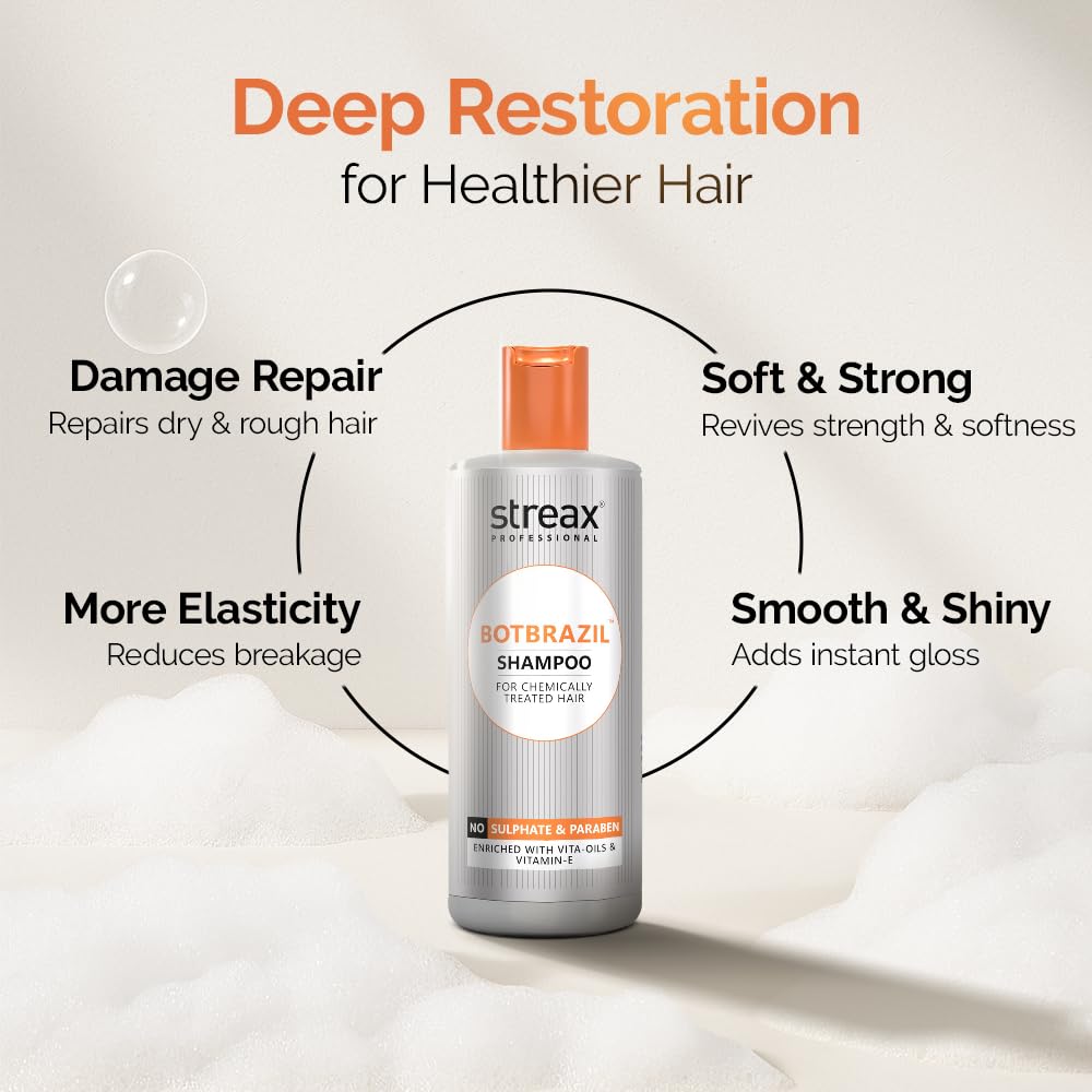 Streax Professional BotBrazil Shampoo,300 ml for Keratin, Botox, Nanoplasty, & Smoothening, Sulphate & Paraben-Free Shampoo for Women & Men, Enriched with Vita Oils Nourishes Chemically Treated Hair