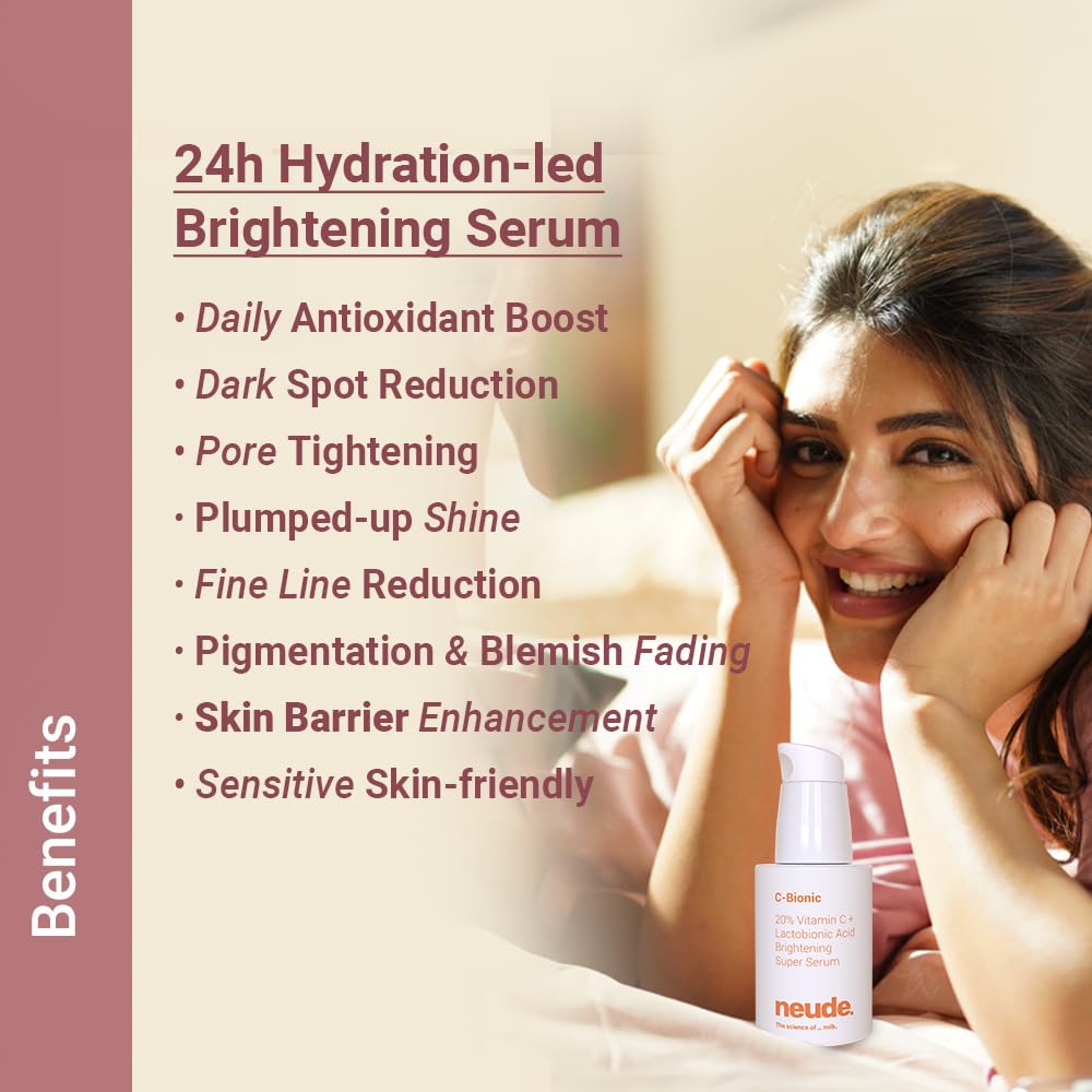 Neude C-Bionic 20% Vitamin C Serum 30ml with Lactobionic Acid for Face Brightening & 24hrs Hydration with Vitamin E Red Algae Gel Kakadu Plum Glutathione for All Skin Types & Sensitive Skin Friendly