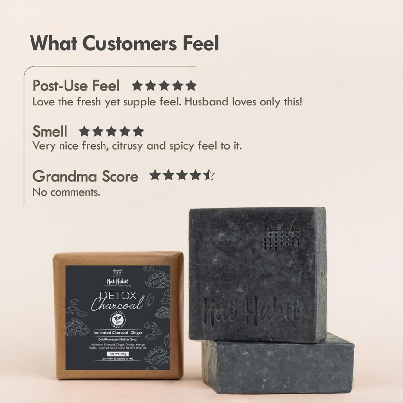 Nat Habit Detox Charcoal Butter Bath Soap With Ayurvedic Cold Processed For Detoxification, Tan Removal, Blackheads &Skin Soothing (125gm)