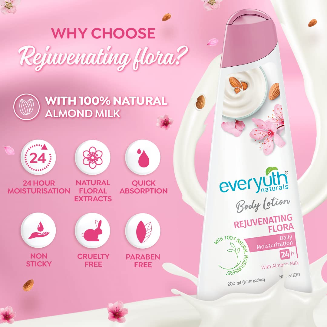 Everyuth Naturals Body Lotion Rejuvenating Flora| Non- Sticky|24 hr Moisturization|For all skin types |for Men & Women|100% Natural Almond Milk - 500ml