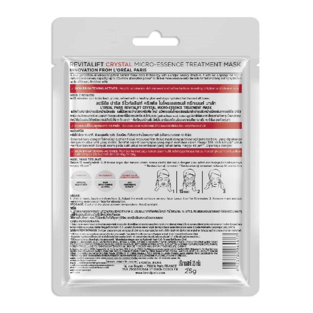 L'Oréal Paris Revitalift Crystal Micro-Essence Sheet Mask, Face Treatment, Crystal-clear Skin, 25g