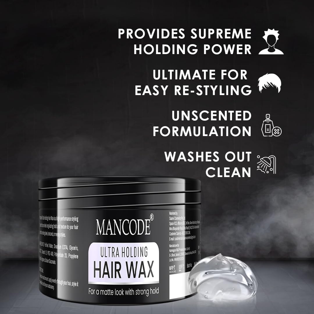 Mancode Ultra Holding Hair Wax for Men 100ml | Matte Look with 24 hrs Strong Hold Level 7 | Matte Finish & No Greasy Residue Styling Hair Wax 100gm