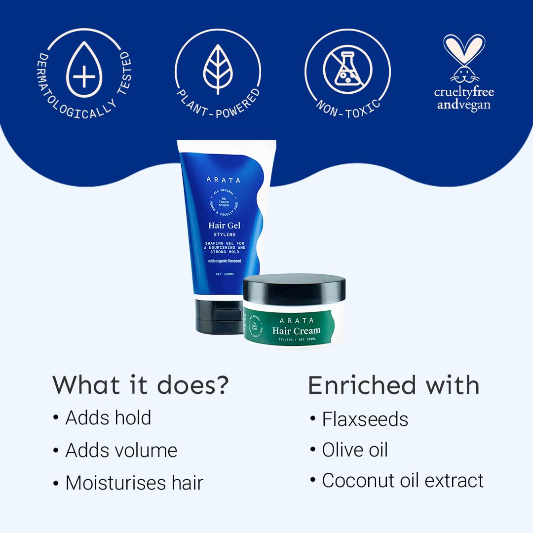 Arata Styling Combo of 2 - Styling Hair Cream (100 ML) & Styling Hair Gel (100 ML) | For Glossy & Matte Looks | Soft & Strong Hold | Defined, Frizz-Free Hair | Adds Texture & Boosts Moisture | For All Hair Types