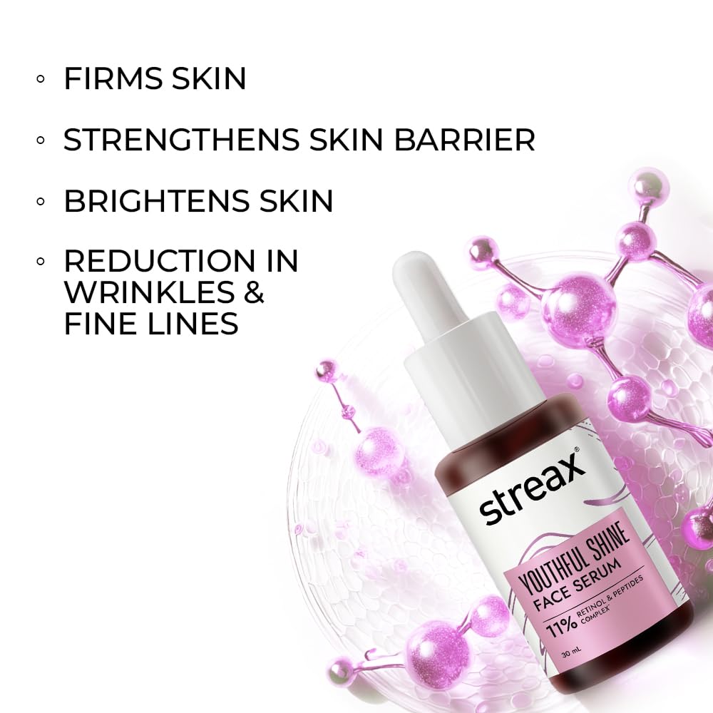 Streax Youthful Shine Face Serum, 30ml | 11% Retinol| Anti- Ageing|Serum for Pigmentation and Dark Spot|Niacinamide serum,Reduces Dark Spots, Blemishes, Patchy Skin & Wrinkles for a Youthful Glow