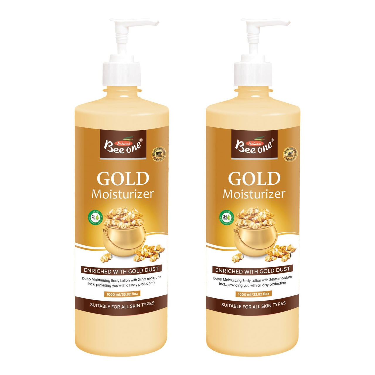 Bee One 24 hr Moisture Lock Body Lotion, for Soft and Supple Skin(Pack of 2) | 1000ml x 2= 2000ml (Gold)