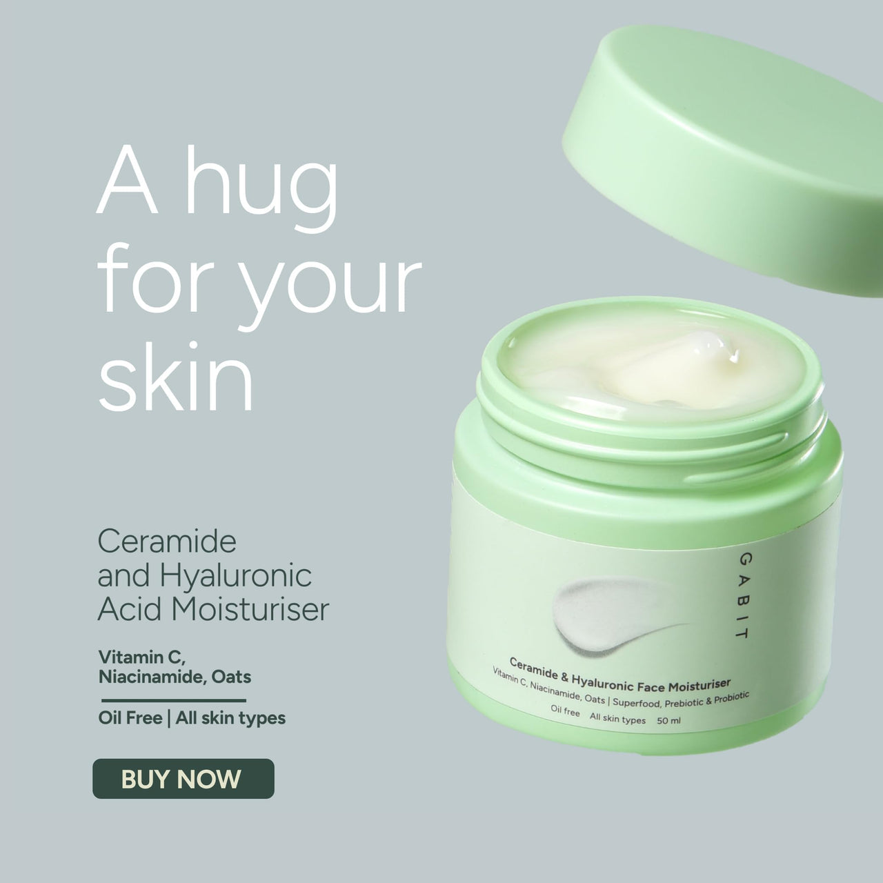 Gabit Ceramide & Hyaluronic Face Moisturiser | Lightweight Moisturizer to Hydrate & Brighten Skin | With Vitamin C, Niacinamide, Oats | For Women and Men | Oil Free for All Skin Types | 50ml