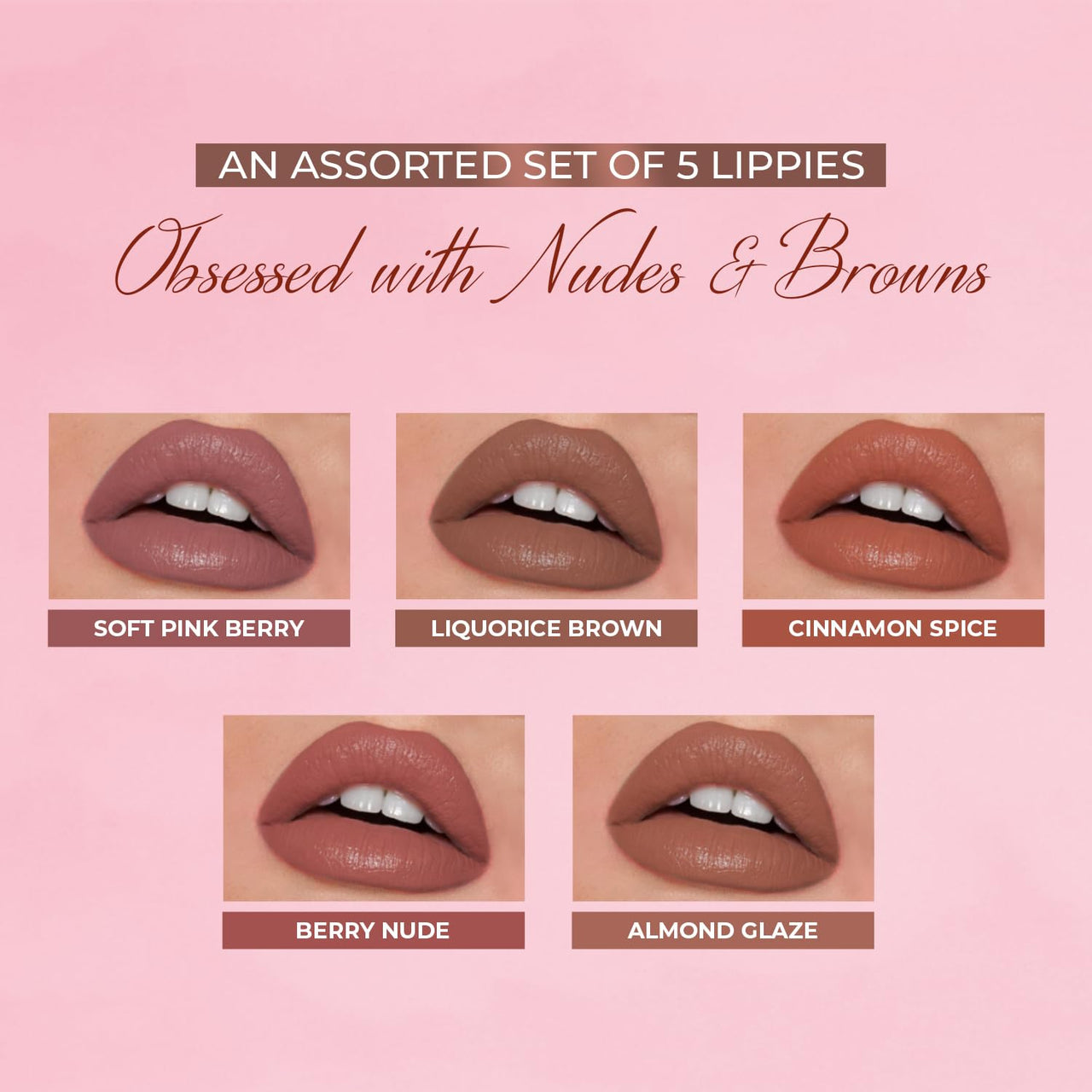 Just Herbs Ayurvedic Liquid Lipstick Kit Set of 5 with Long Lasting, Hydrating & Lightweight Lip Colour, Nudes & Browns - Paraben & Silicon Free - 5 ml