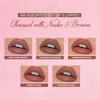Just Herbs Ayurvedic Liquid Lipstick Kit Set of 5 with Long Lasting, Hydrating & Lightweight Lip Colour, Nudes & Browns - Paraben & Silicon Free - 5 ml