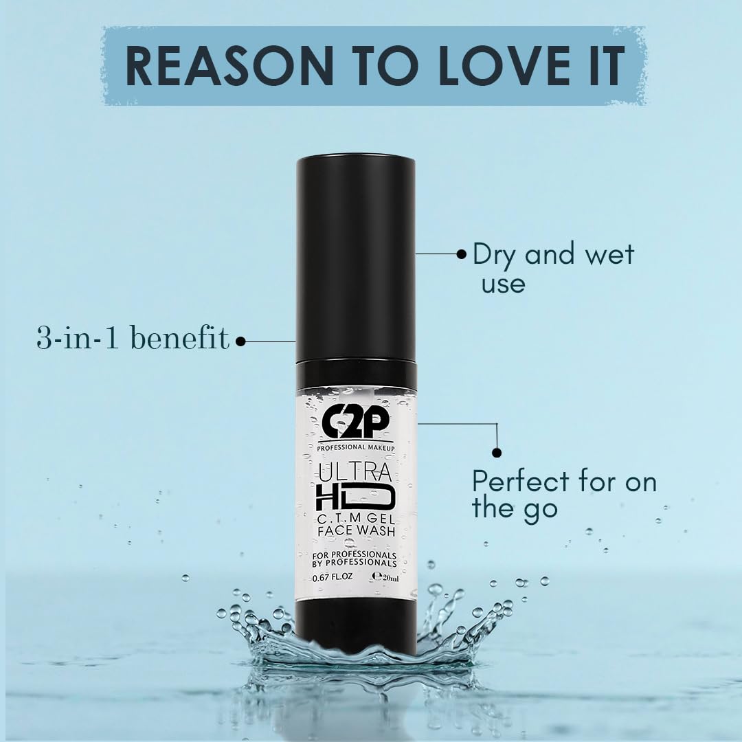C2P Pro MAKE UP Ultra HD 3-in-1 Cleanser, Toner & Moisturizer Face Wash cum Cleanser Removes Dirt and Impurities, Instant Brightening for All Skin Types (Transparent 20 ml)