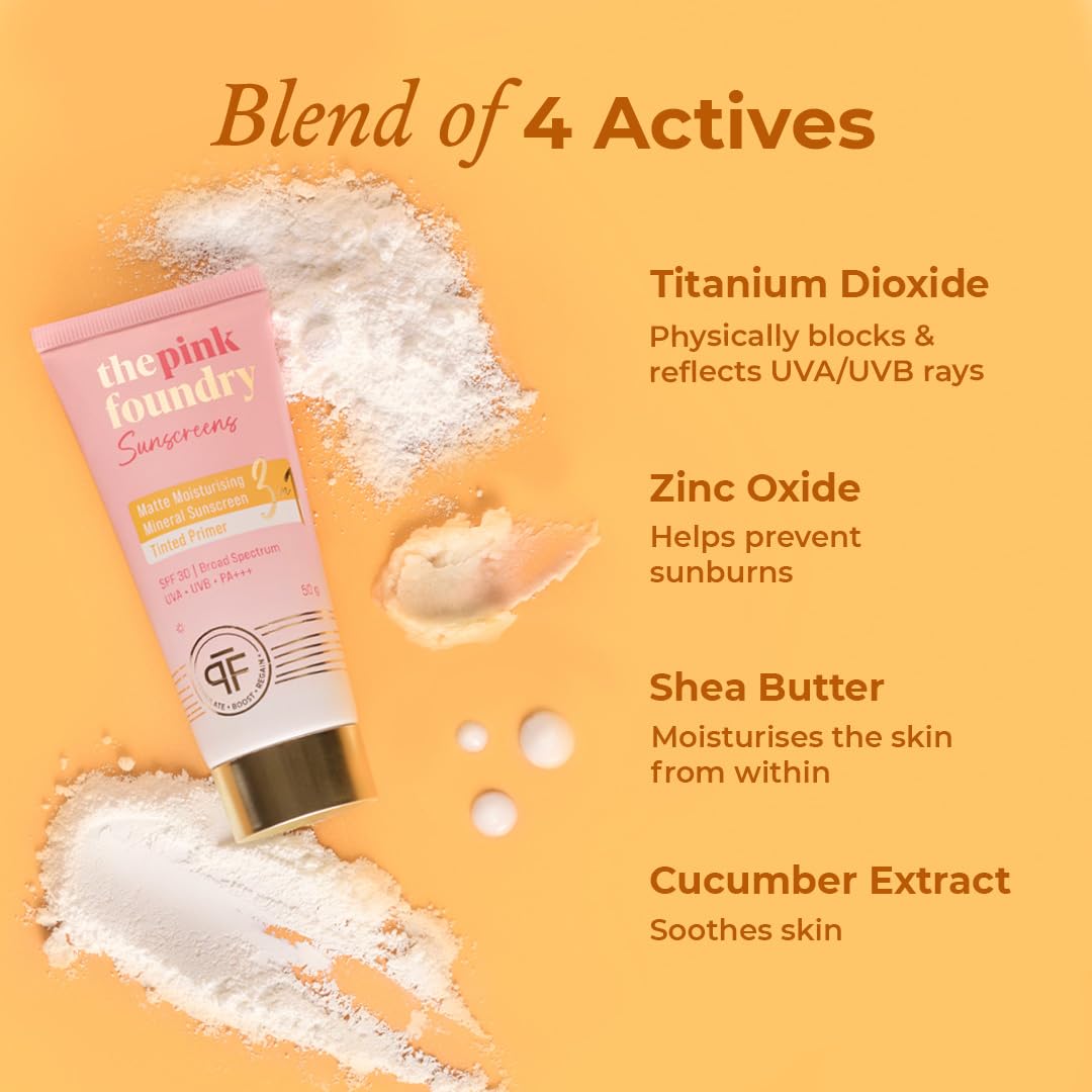 The Pink Foundry Matte Moisturising Mineral Tinted Sunscreen 50 g | SPF 30 PA+++ Broad Spectrum UVA UVB Protection | Zinc Oxide & Shea Butter | for Oily, Sensitive & all skin, Beige