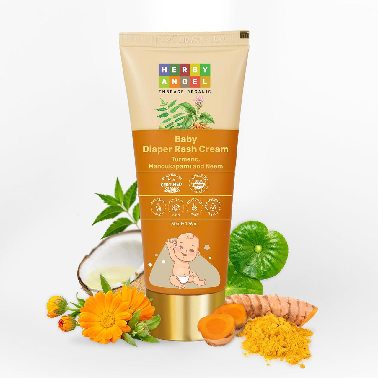 Herby Angel Baby Diaper Rash Cream - Natural Ingredients for Soothing & Protecting Baby's Skin | Kids Skin Care & Anti-Chafing Cream - 50 gm