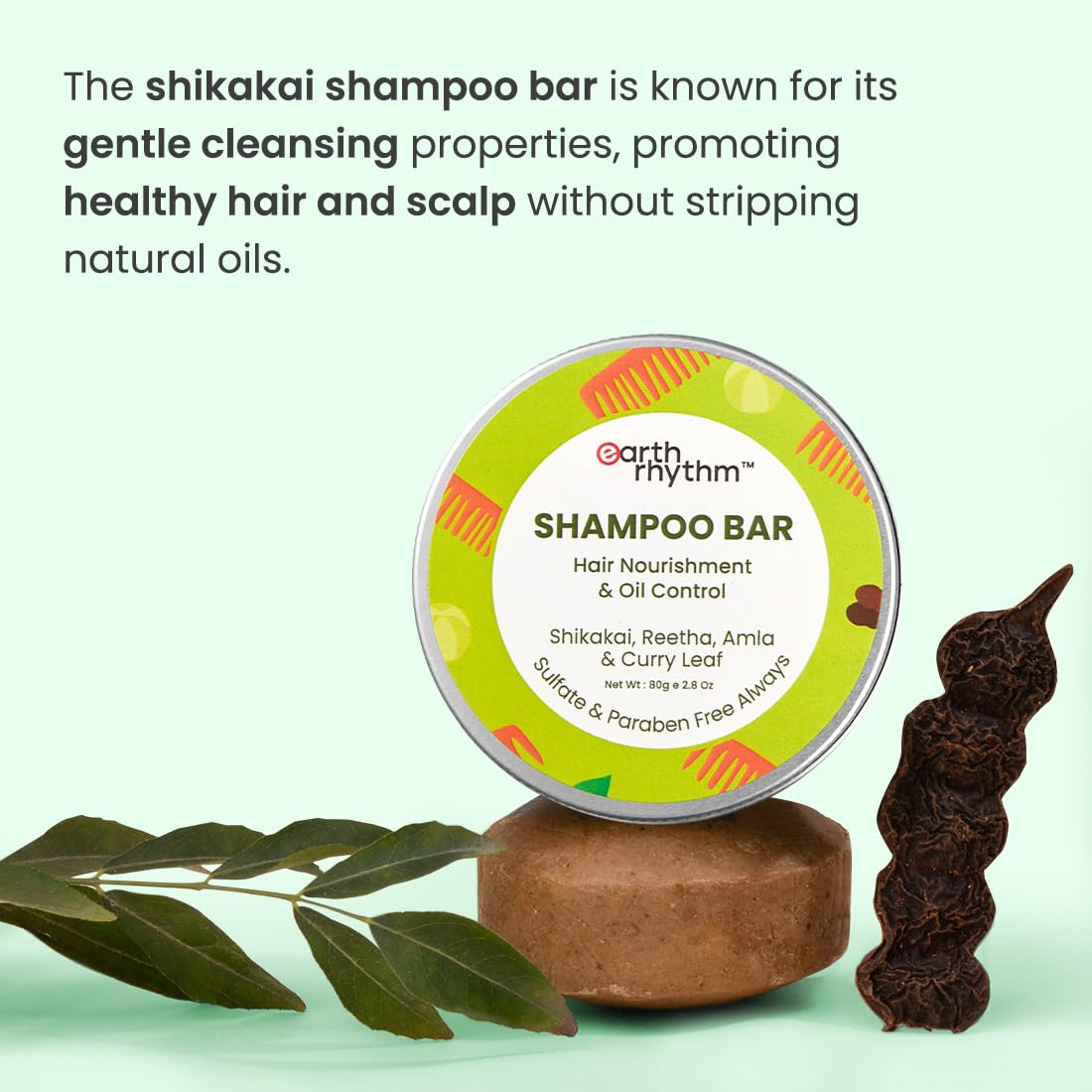 Earth Rhythm Shikakai Shampoo Bar for Hairfall | Contains Shikakai, Curry Leaf, Reeta & Amla Extracts | Men & Women | Sulphate & Paraben Free (Tin Packaging) - 80gm