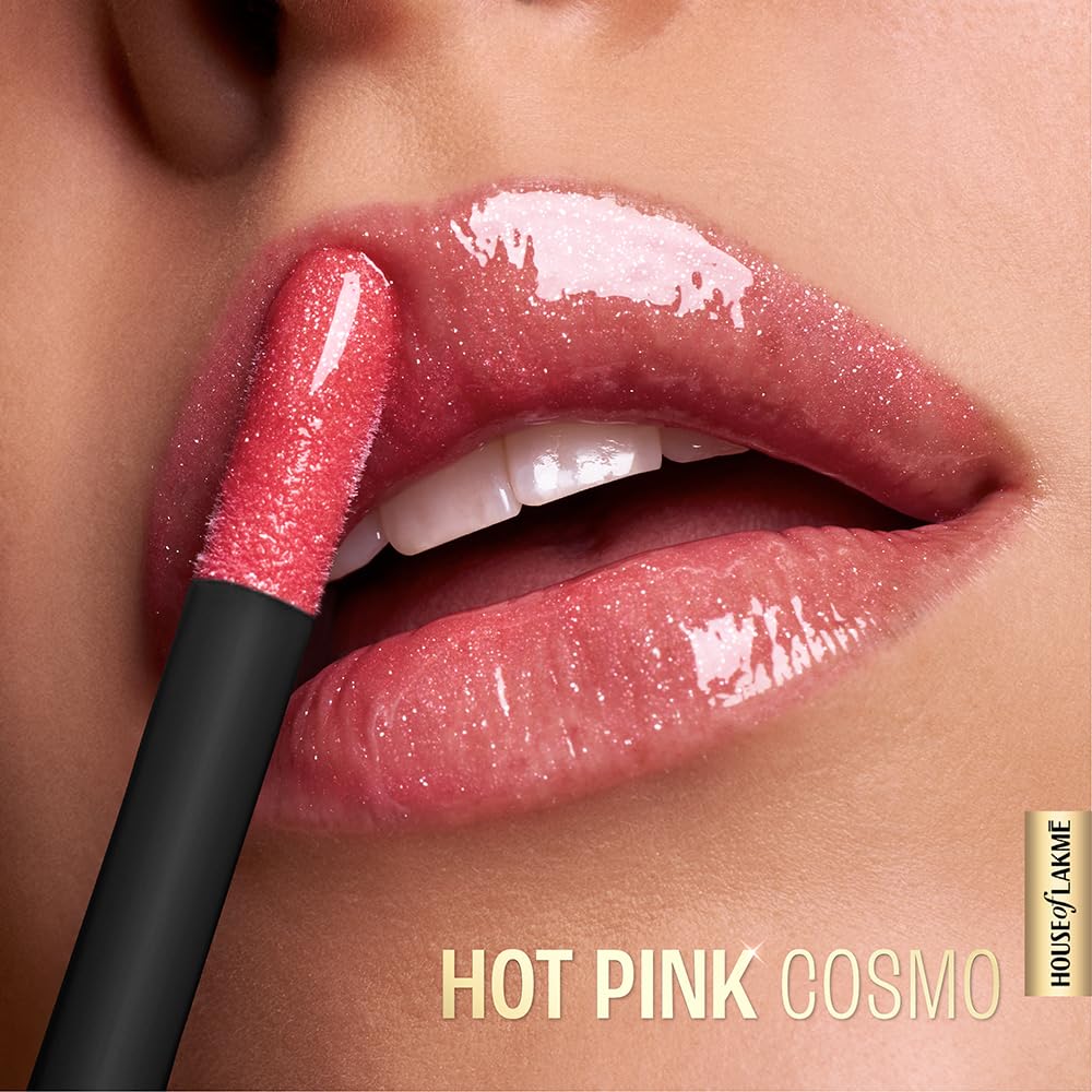Lakmé Glitterati Lip Glaze, glossy finish, 3D crystal shine, for fuller & fabulous lips, non sticky, with vegan collagen for instantly plump lips, lip gloss, Hot Pink Cosmo