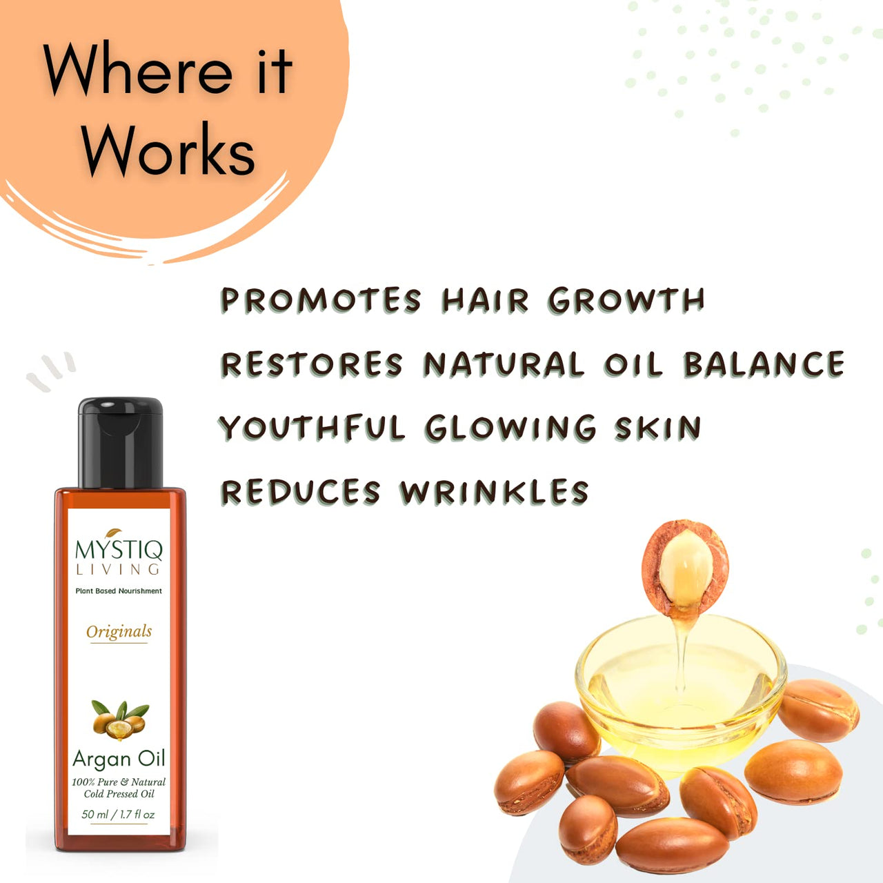 Mystiq Living Pure Moroccan Argan Oil for Hair Growth, Face, Skin, Hair Serum, Moisturizing - 50 ML | Cold Pressed, 100% Pure & Natural