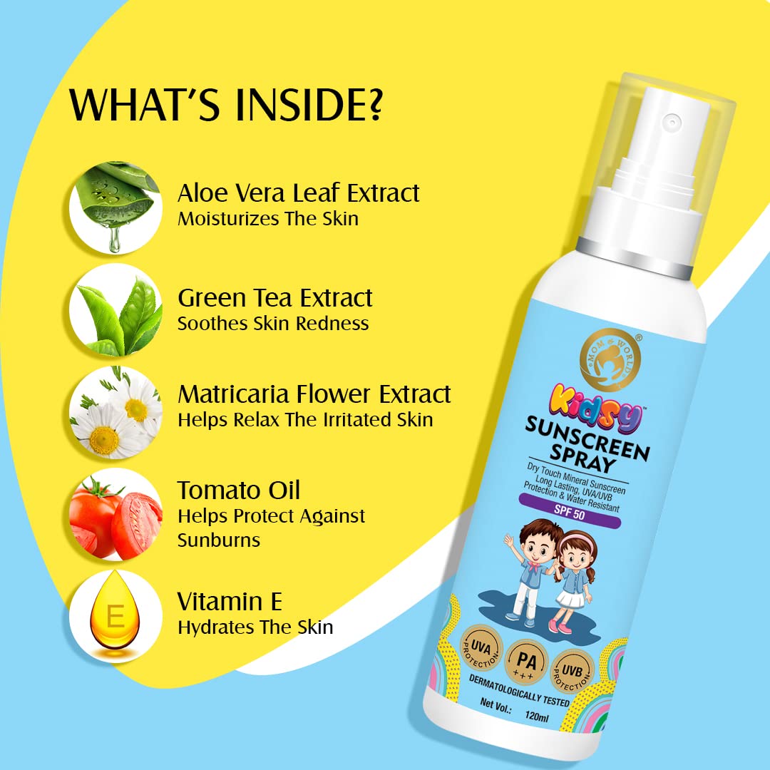 Mom & World Mineral Based Kids Sunscreen Spray SPF 50, Water Resistant, UVA/UVB PA+++, 120ml - Safe for Baby and Kids