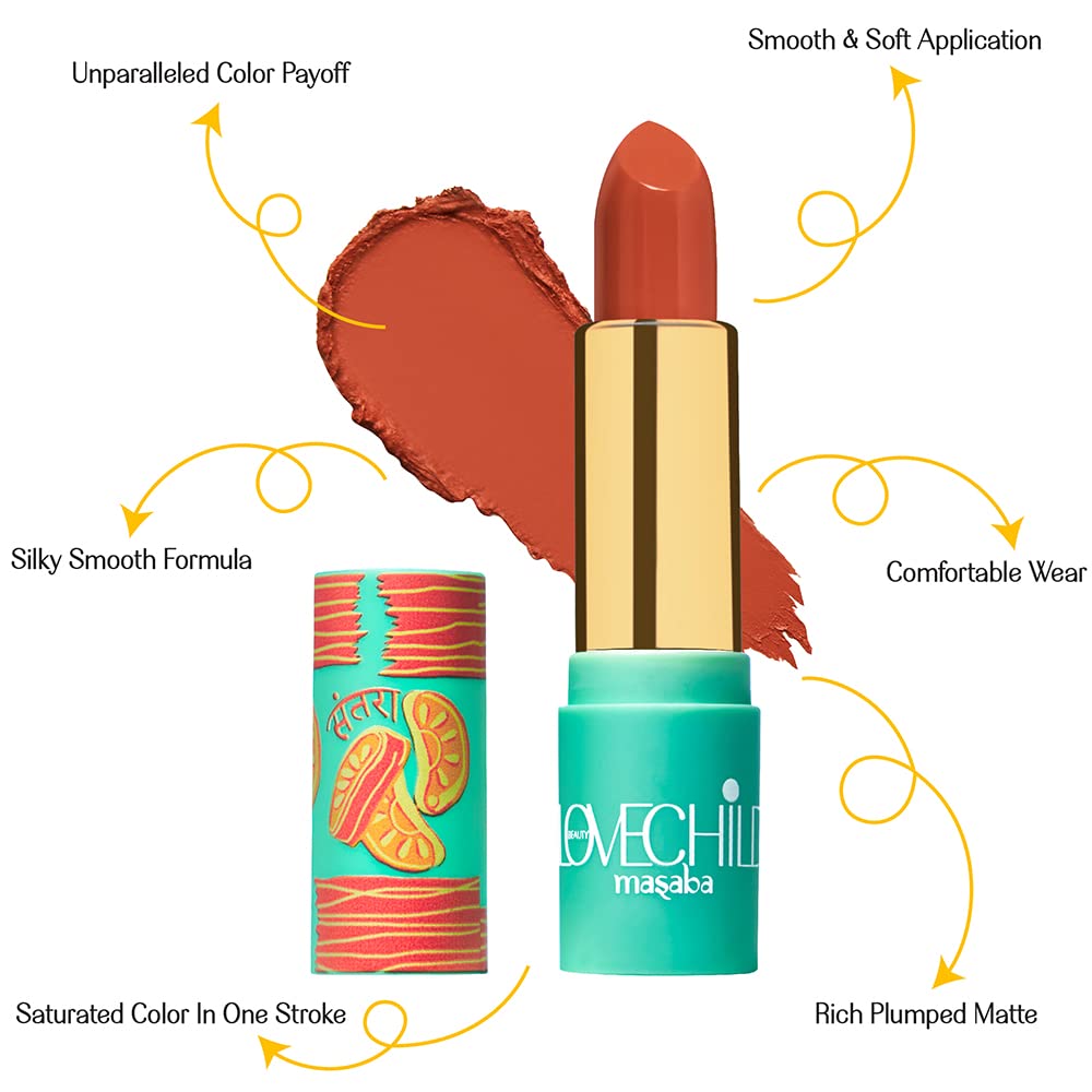 LoveChild Masaba - Sour-Casm - Luxe Matte Lipstick, Hydrating & Nourishing, Long lasting, Bullet Matte Orange Lipstick, 4ML
