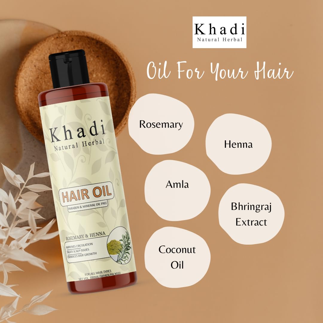 Khadi Natural Herbal Rosemary And Henna Hair Oil | Enriched With Amla & Bhringraj Extract Strengthen & Nourished Hair | Improve Circulation & Treat Scalp Issues | Pure & Natural Paraben & Mineral Oil Free Rosemary Oil 100ml