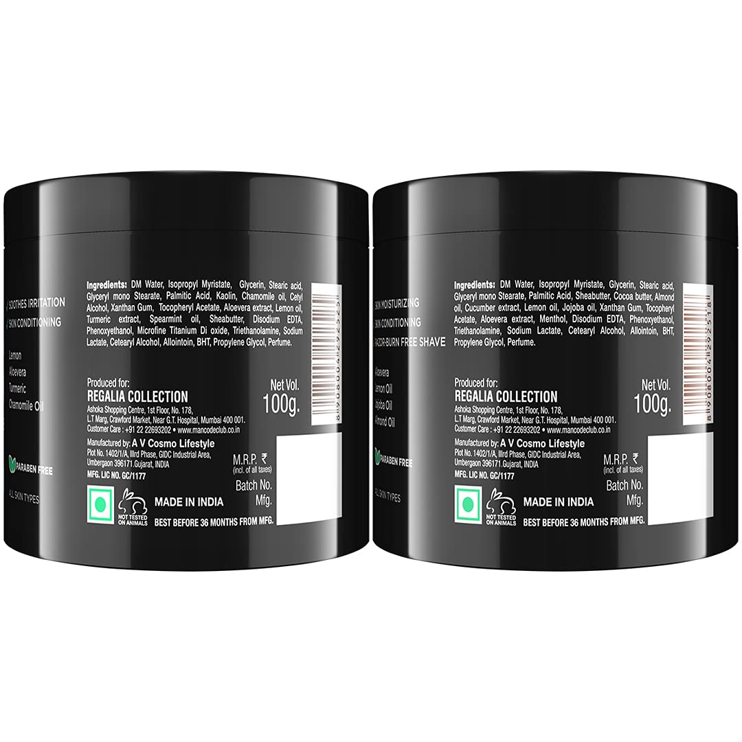 Mancode Pre - Post Shaving Kit for Men Pre Shave Balm 100 gm & After Shave Balm 100 gm Skin Moisturizing & Soothes Skin Irritation Prevents Razor Burns Helps Healing Cuts and Closes Pores Enriched with Aloevera Almond Oil Lemon Turmeric Chamomile Oil (Pac