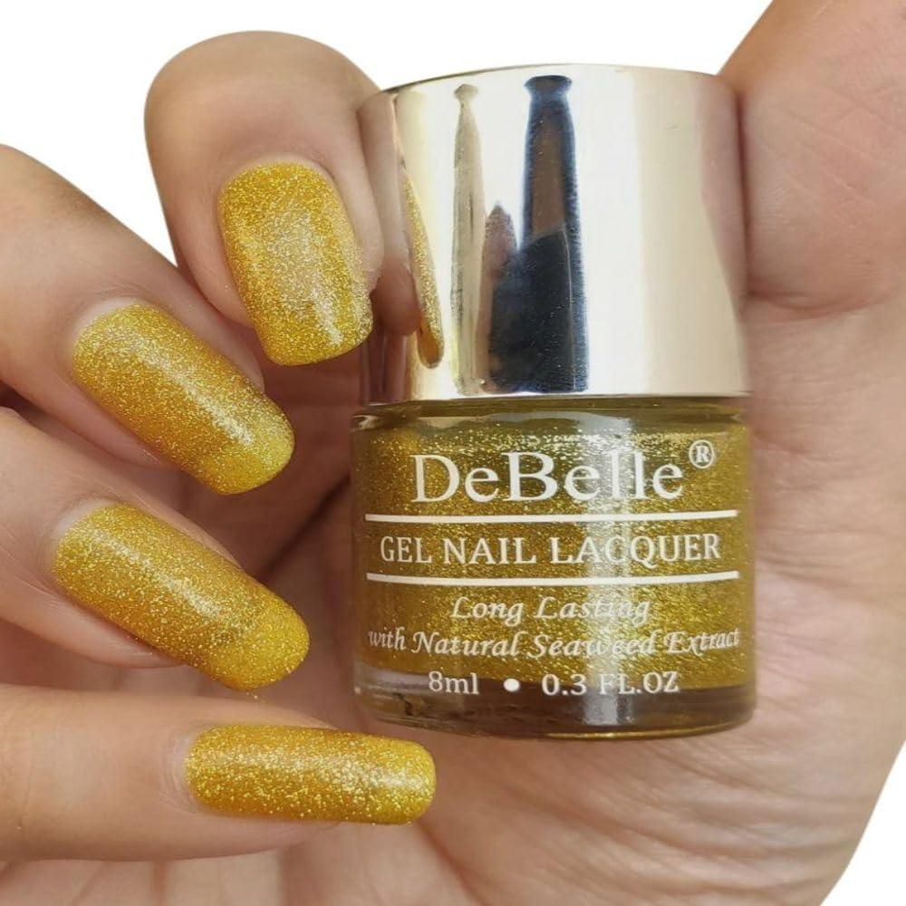 DeBelle Gel Nail Polish Pegasus (Lime Yellow with Gold Glitter Sugar Finish Nail Paint)|Non UV - Gel Finish |Chip Resistant | Seaweed Enriched Formula| Long Lasting|Cruelty and Toxic Free| 8ml